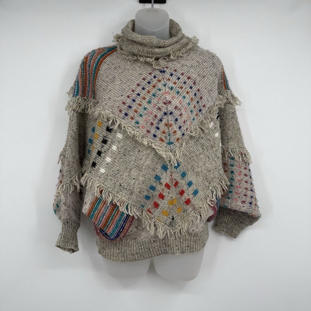 VTG Max Bradley S Sweater Jumper Wool Blend Boho Festival Fringe Art Colorful